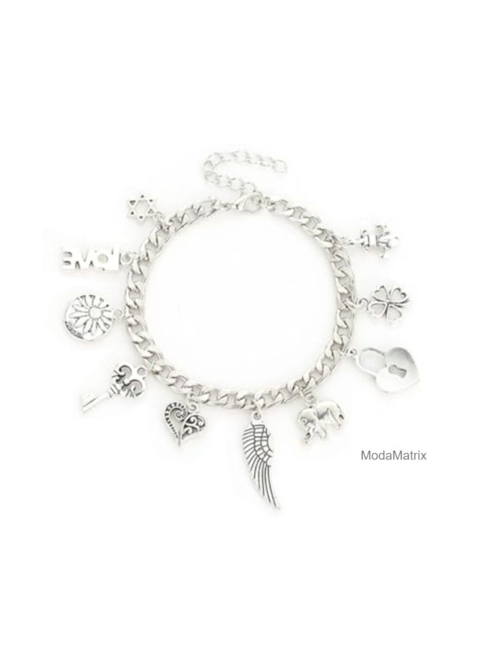 Gothic Key Heart Wing Padlock Charm Link Bracelet - Adjustable Curb Chain